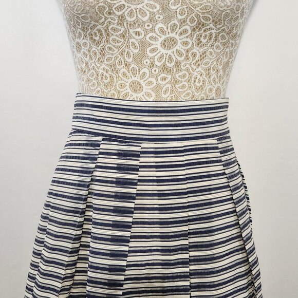 J Crew Women Size 12 Blue Stripe Pleated Zip Back Cotton Blend Lined Midi Skirt - Picture 3 of 12